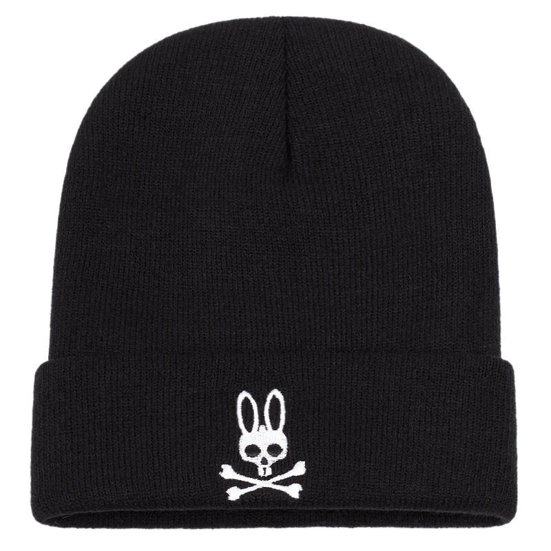 Svart mössa med vit kanin