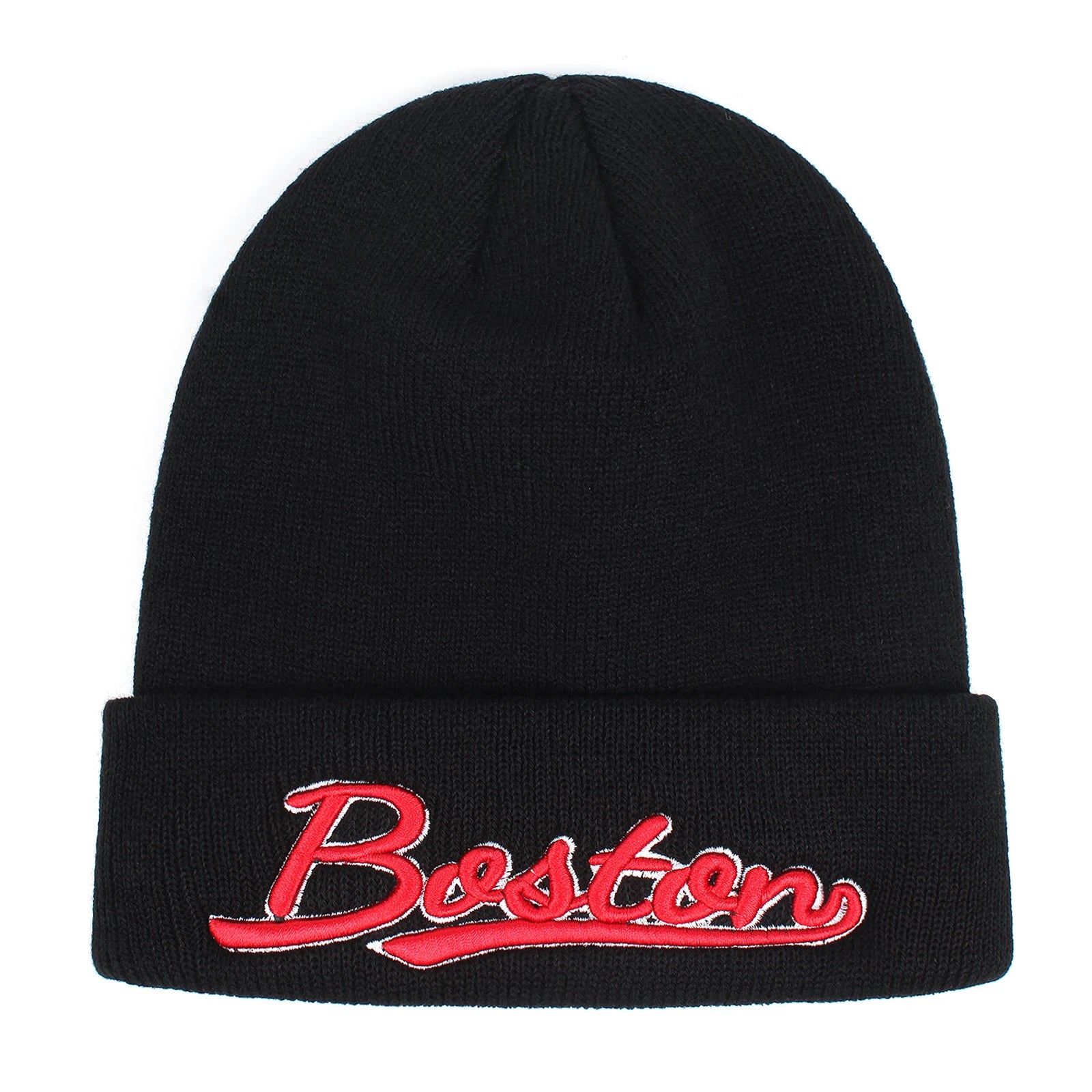 Ribbstickad svart beanie med texten Boston broderat i rött