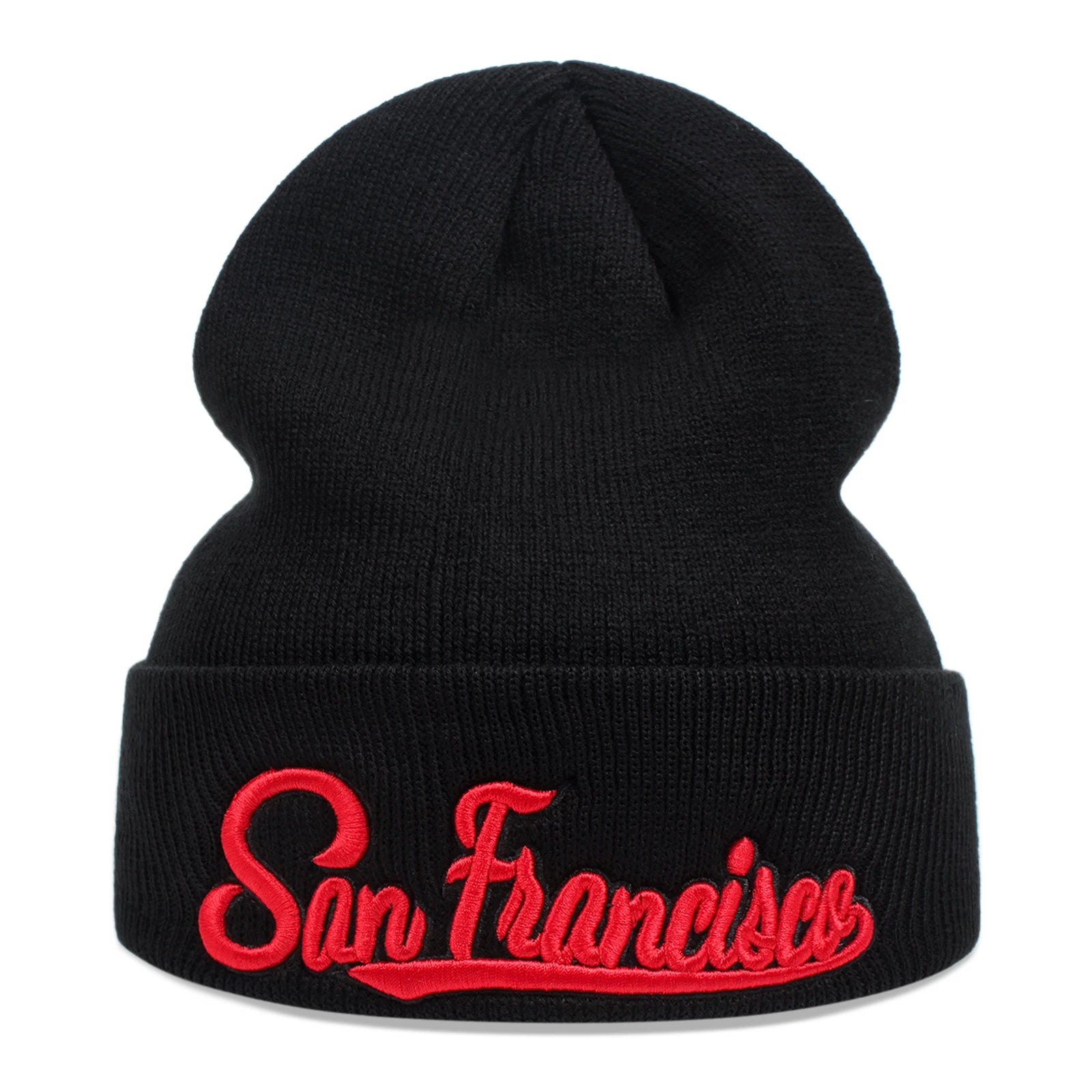 Ribbstickad svart mössa med texten San Francisco broderat i rött