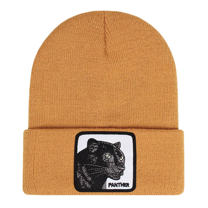 Brun mössa med panter och texten panther broderad på tygpatch