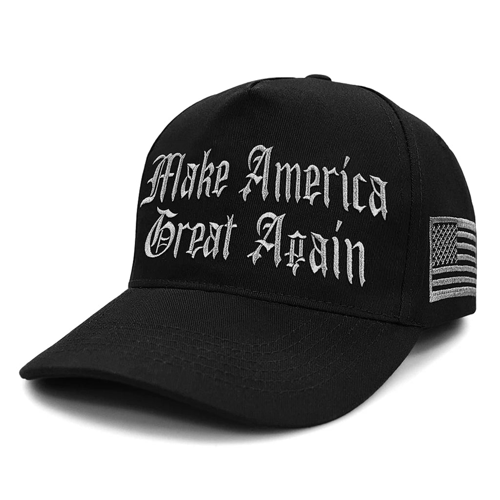 Svart dark gothic MAGA trucker keps med 'Make America Great Again' som bars av Elon Musk (black dark gothic MAGA trucker cap with 'Make America Great Again' worn by Elon Musk)