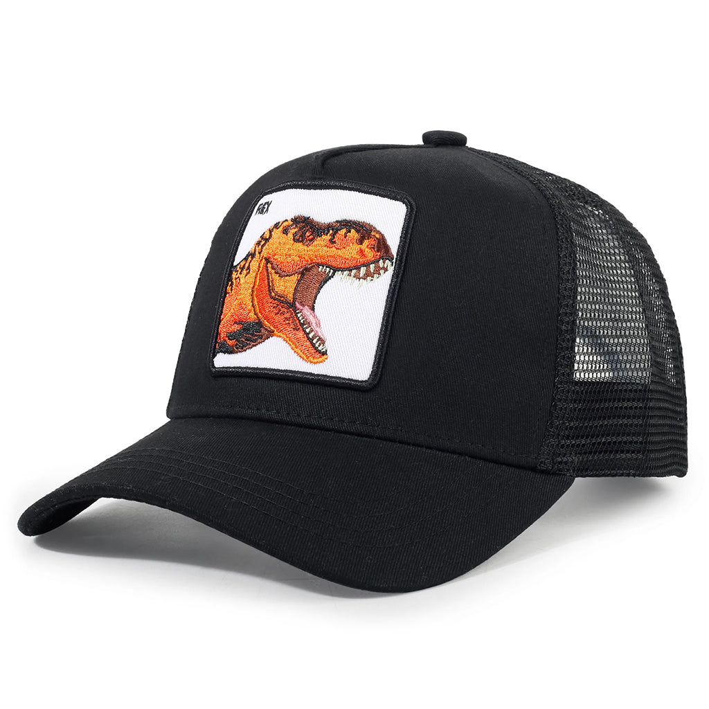 Svart keps med dinosaurie på och texten rex broderad på tygpatch framtill