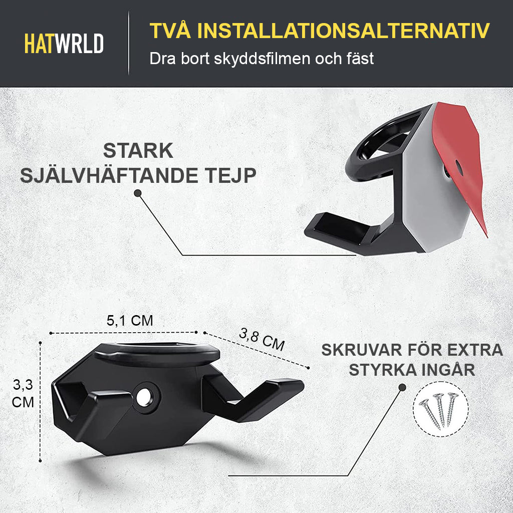 Väggmonterad kepshängare med stark självhäftande tejp eller skruvar för extra hållbarhet