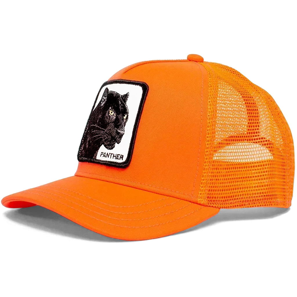 Orange trucker keps med panter och texten panther broderad på tygpatch