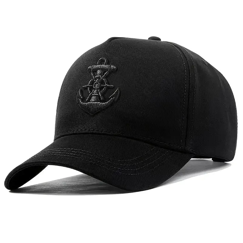 Svart justerbar keps med brodyr föreställande ankare