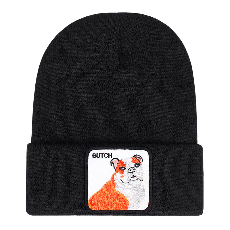 Ribbstickad svart mössa med bulldog