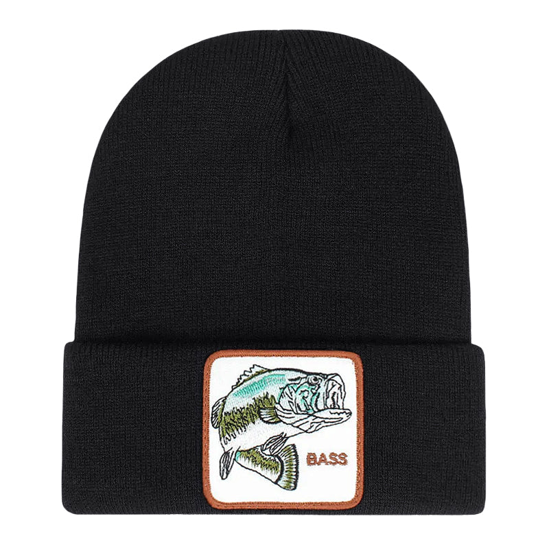 Ribbstickad svart mössa med fisk på