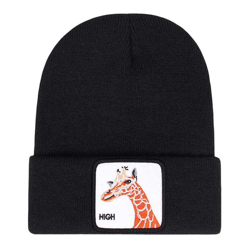 Ribbstickad svart mössa med giraff på