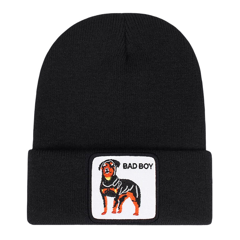 Ribbstickad svart mössa med rottweiler