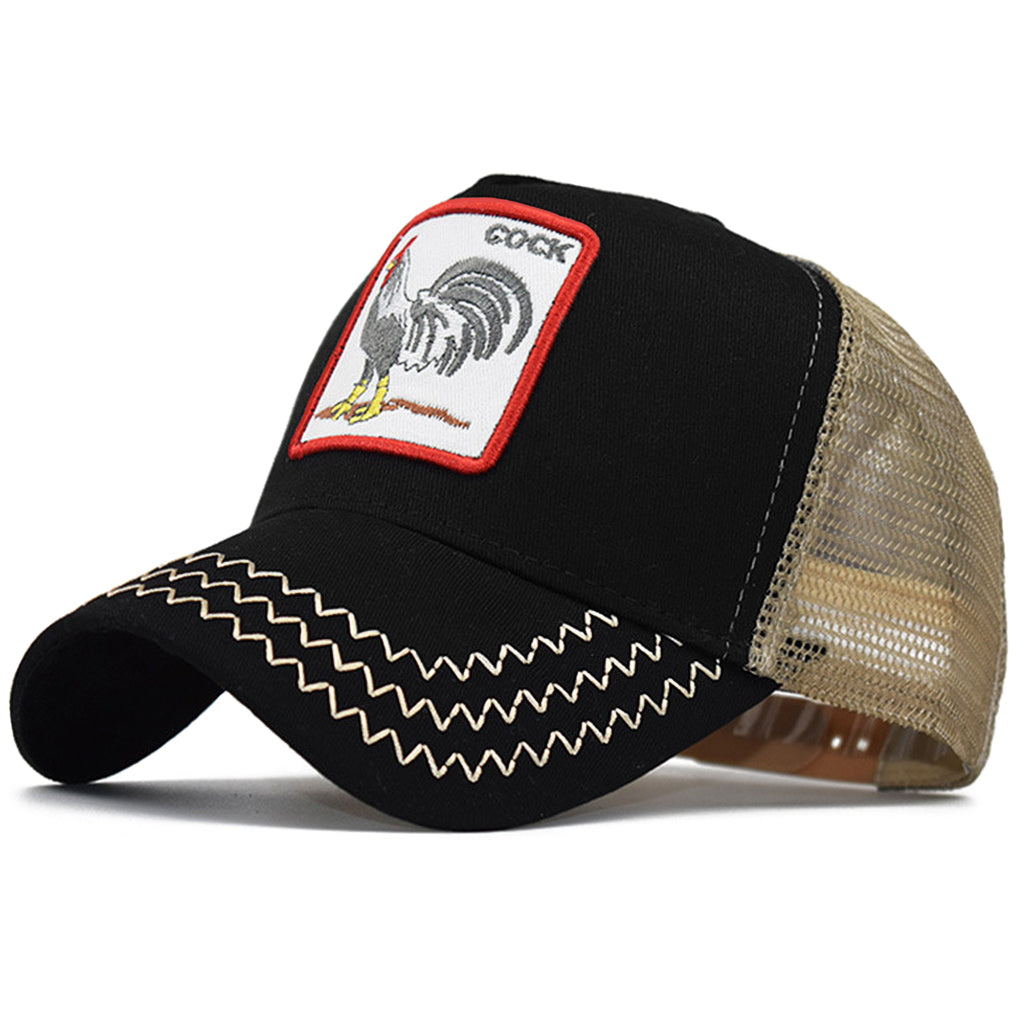 Svart trucker-keps med djur och texten cock broderat på tygpatch