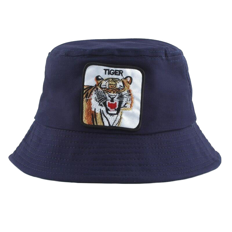 Mörkblå bucket hat med tiger-brodyr