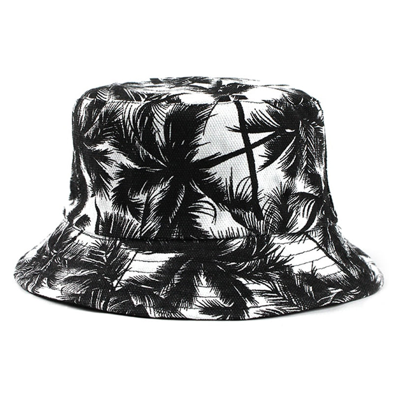 Vit bucket hat med brodyr av svarta palmer