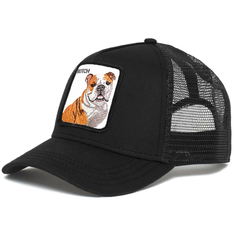 Svart trucker-keps med bulldog och texten butch broderad på tygpatch